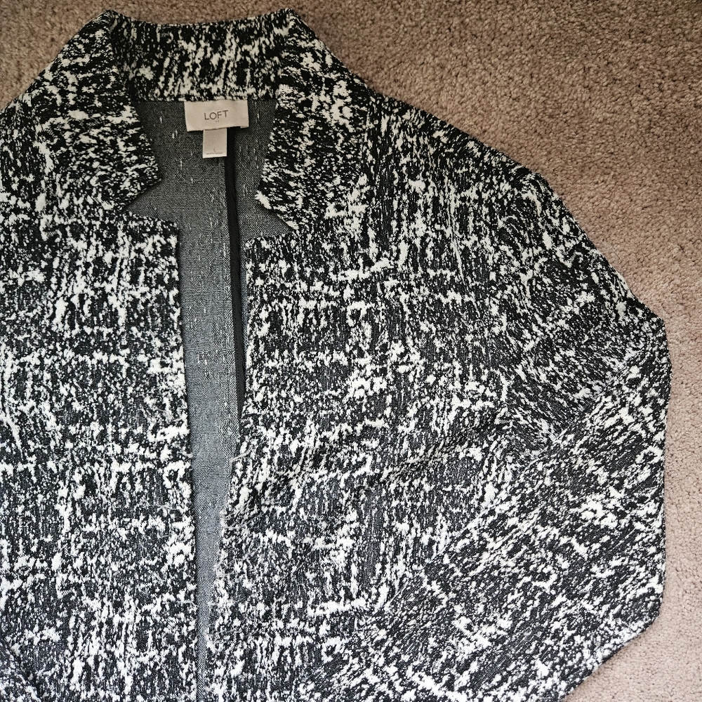 Ann Taylor Loft Open Front Cardigan Sweater Blazer Black White Casual Size L